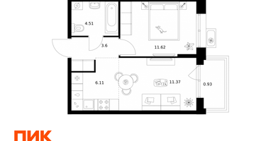 1-к. квартира, 38 м²