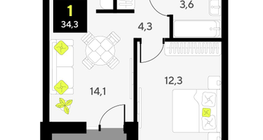 1-к. квартира, 34&nbsp;м²