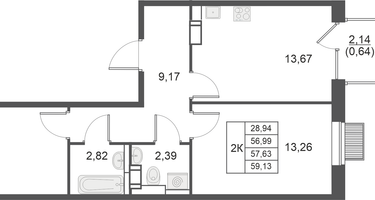 2-к. квартира, 57&nbsp;м²