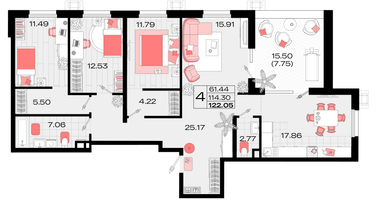 4-к. квартира, 114&nbsp;м²