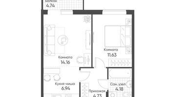 2-к. квартира, 43&nbsp;м²