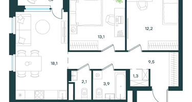 2-к. квартира, 61&nbsp;м²