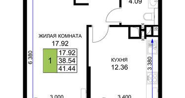 1-к. квартира, 42&nbsp;м²