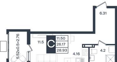 Студия, 28 м²