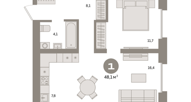1-к. квартира, 48&nbsp;м²