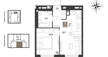 1-к. квартира, 32 м²