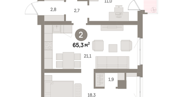 2-к. квартира, 65 м²