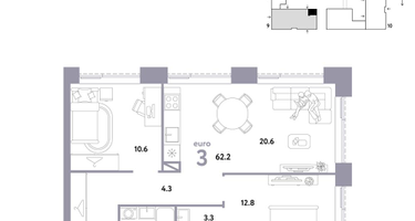 3-к. квартира, 62 м²