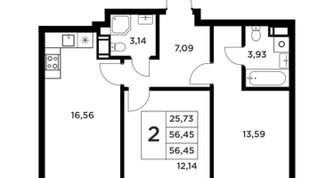 2-к. квартира, 56&nbsp;м²