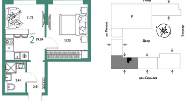 2-к. квартира, 29&nbsp;м²