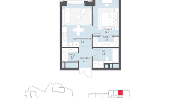 1-к. квартира, 52 м²