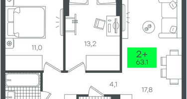 2-к. квартира, 63&nbsp;м²