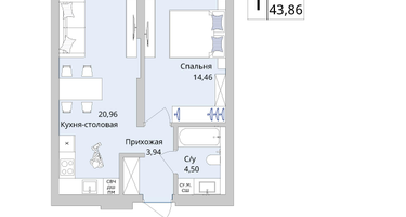 1-к. квартира, 43 м²
