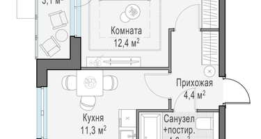 1-к. квартира, 34&nbsp;м²