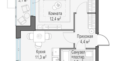 1-к. квартира, 34&nbsp;м²