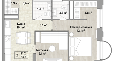 2-к. квартира, 53&nbsp;м²
