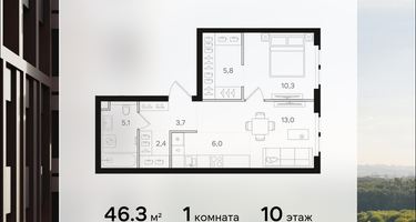 1-к. квартира, 46 м²
