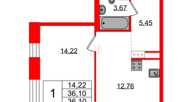 1-к. квартира, 36&nbsp;м²