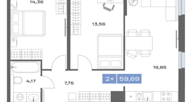 2-к. квартира, 59 м²