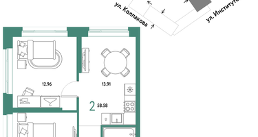 2-к. квартира, 58&nbsp;м²