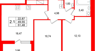 2-к. квартира, 49 м²