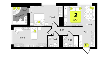 2-к. квартира, 67 м²