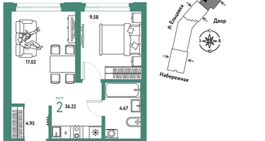 2-к. квартира, 36&nbsp;м²