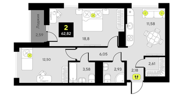 2-к. квартира, 62 м²