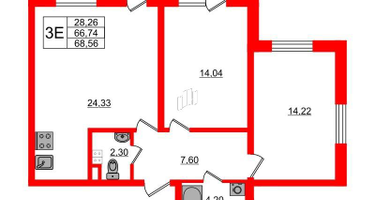 2-к. квартира, 68&nbsp;м²