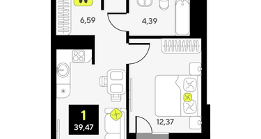 1-к. квартира, 39&nbsp;м²