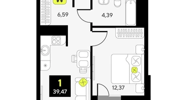 1-к. квартира, 39&nbsp;м²