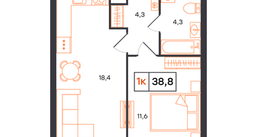 1-к. квартира, 38&nbsp;м²