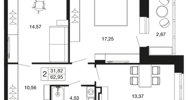 2-к. квартира, 62&nbsp;м²