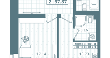 2-к. квартира, 57 м²