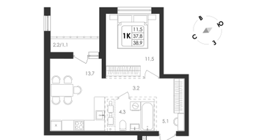 1-к. квартира, 38&nbsp;м²