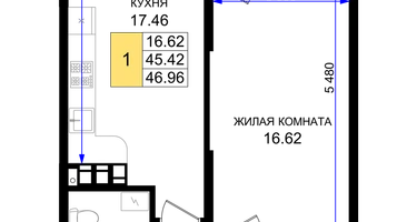 1-к. квартира, 46&nbsp;м²
