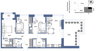 4-к. квартира, 92 м²
