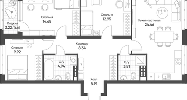 3-к. квартира, 88&nbsp;м²