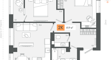2-к. квартира, 61&nbsp;м²