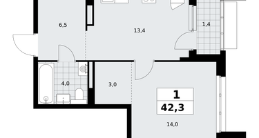 1-к. квартира, 42&nbsp;м²