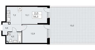 2-к. квартира, 56&nbsp;м²
