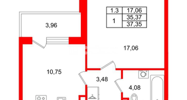 1-к. квартира, 35&nbsp;м²