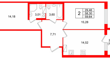 2-к. квартира, 59&nbsp;м²