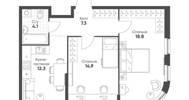 2-к. квартира, 57&nbsp;м²