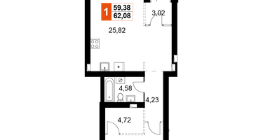 1-к. квартира, 62&nbsp;м²