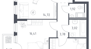 2-к. квартира, 54&nbsp;м²