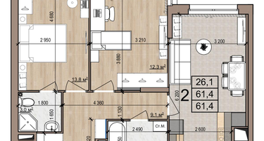 2-к. квартира, 61&nbsp;м²