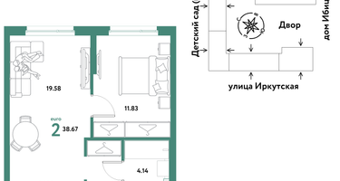 2-к. квартира, 38&nbsp;м²