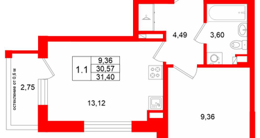 1-к. квартира, 30&nbsp;м²