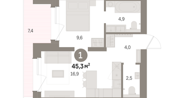 1-к. квартира, 45 м²